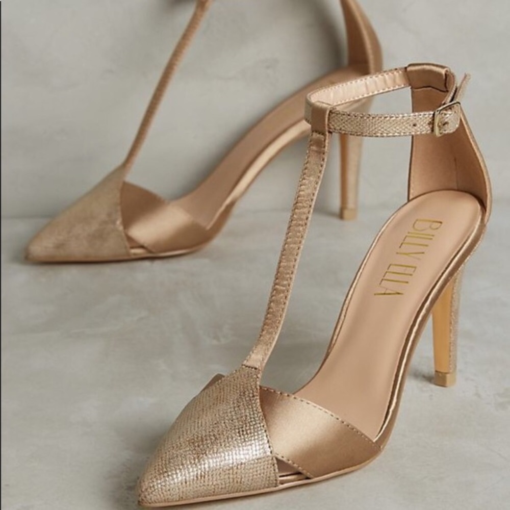 Billy Ella Anthropologie Gold/Satin T Strap Heel